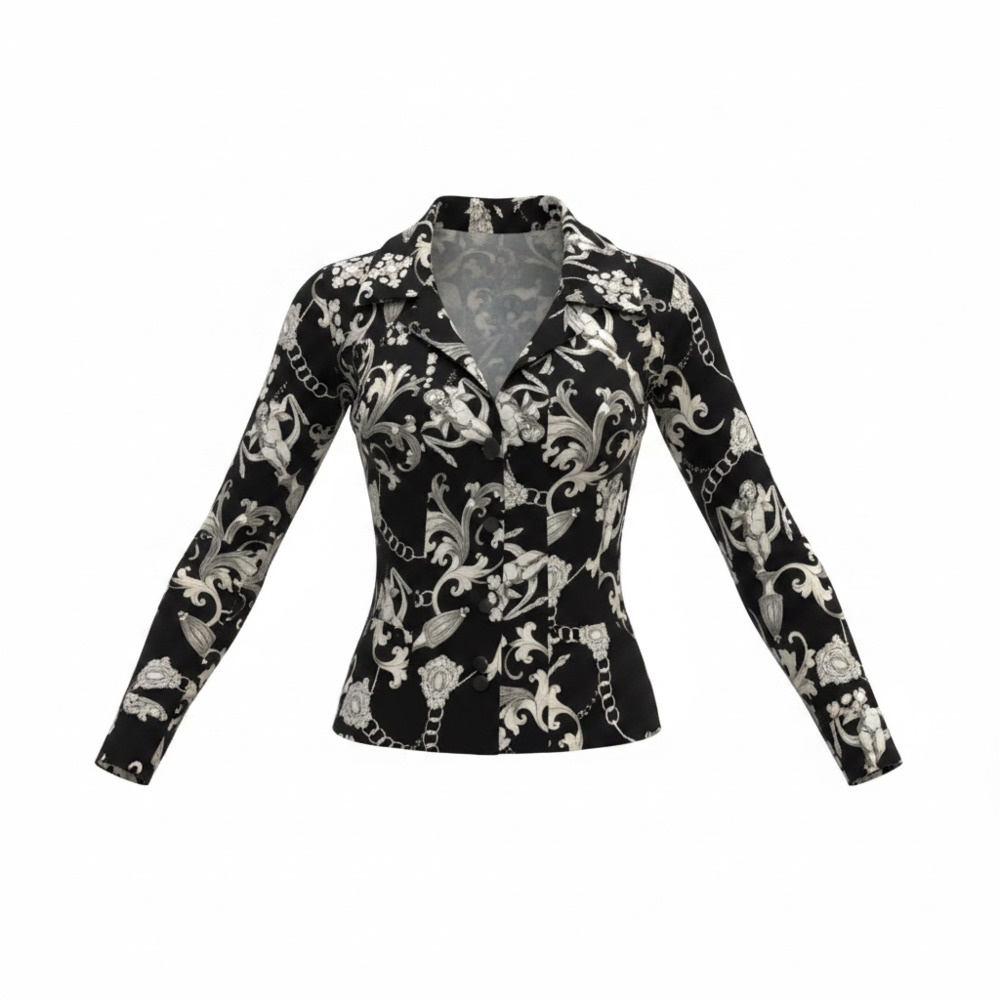 Walking Art Australia Vintage Black and Beige Baroque Scroll Print Button-Up Jac